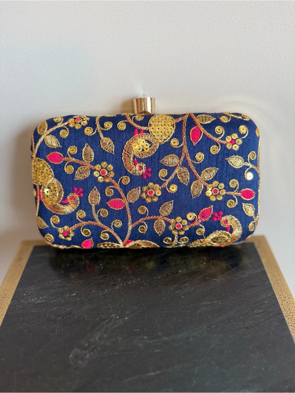 Longing to Buy Handmade Designer Box Clutch Zari Embroidered Navy Gold Floral